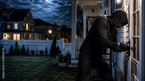 Man burglar using crowbar to break into house at night with spotlight.

