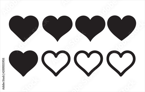 Group of solid and outline heart icons on white background for design purposes.