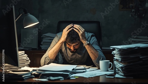 Overwhelmed Man Working Late in a Cluttered Office