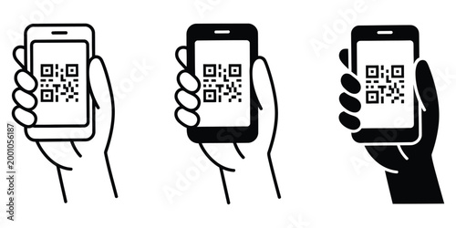 QR code scan icon representing mobile phone scanning QR code, digital payment, fast access link, authentication process, and contactless information 