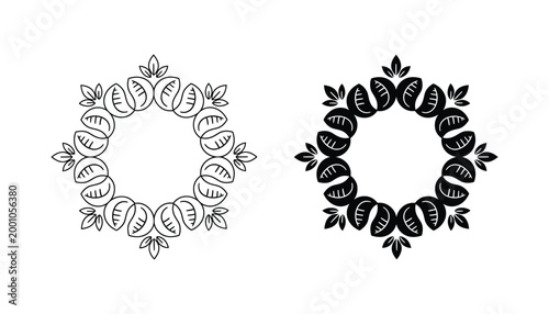 Circular leaf border frame with repeating organic patterns in black and white line art and silhouette styles for decorative graphic design and print projects