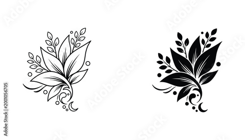 Small floral bouquet flourish with leaves and moon motifs in black and white line art and silhouette styles for artistic tattoo designs and decorative illustration