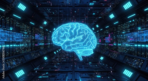 Digital human brain hologram in futuristic high tech data center server room.