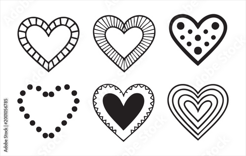 Set of black heart silhouettes with decorative borders including stripes dots and nested line designs.
