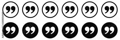 Round quotation mark button icons set symbolizing quotes, speech indicators, highlighted text, review testimonials, dialogue formatting, and editorial emphasis controls