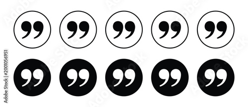 Quotation marks round icon buttons set representing text highlights, speech quotation, testimonial marking, dialogue emphasis, and content annotation