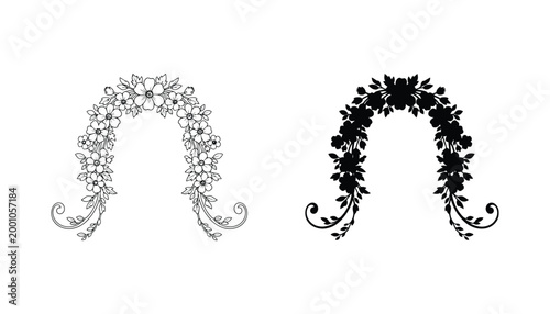 Arch shaped floral garland vector illustration featuring delicate flower clusters and vine flourishes for decorative headers and wedding ceremonies