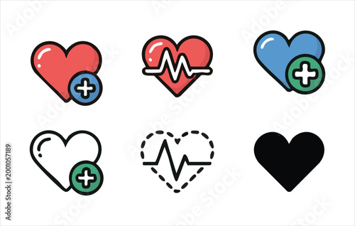 Diverse medical heart symbols including add sign pulse line and solid silhouette icons for healthcare.