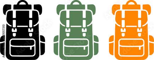 Three colorful backpacks in black, green, and orange, isolated on a white background, perfect for travel, school, or outdoor activities.