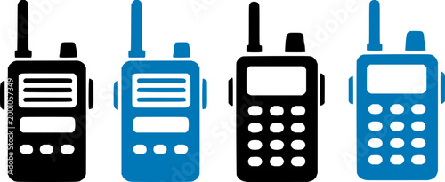 Four walkie talkies in black and blue on white background, communication devices with antennas and buttons for radio transmission.