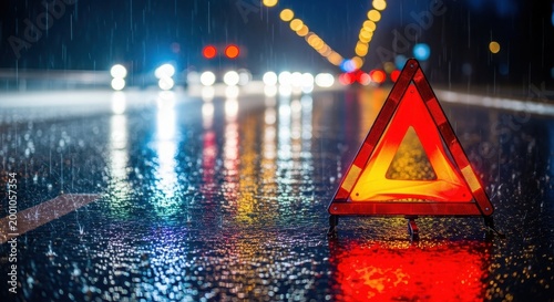 Roadside car breakdown with a red reflective warning triangle on wet asphalt during a rainy night with blurred street lights.