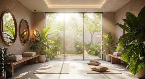 Bright and spacious modern spa room or yoga studio with large windows overlooking a lush green garden and natural light.