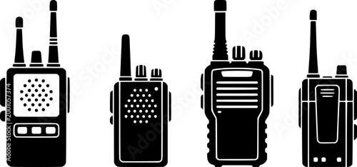 Four different types of walkie talkie devices, handheld two-way radios with antennas, in black and white vector illustration, for communication and technology concepts.