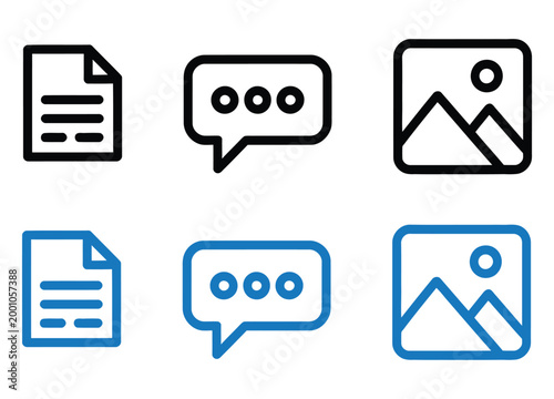 Multimedia content icon set, linear vector UI icons featuring document, chat, and image symbols for web and app interfaces, communication tools, media sharing, and digital platform design