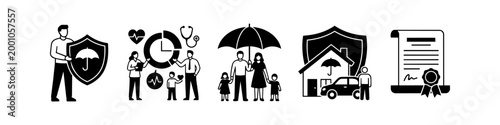 Set of insurance concept icons featuring life, health, home, and auto protection. Flat vector illustrations representing security, family coverage, medical planning, and policy agreements.