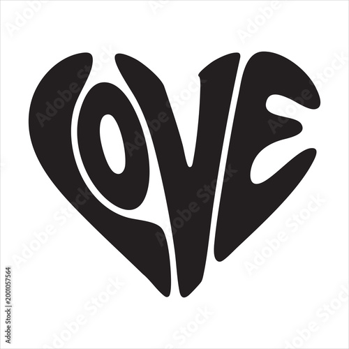 Black love heart typography design, stylized lettering isolated on white background for valentine.