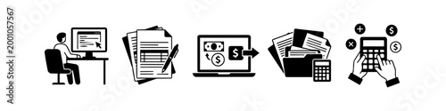 Set of flat black icons representing accounting, bookkeeping, financial management, tax preparation, and office administration tasks on a white background.
