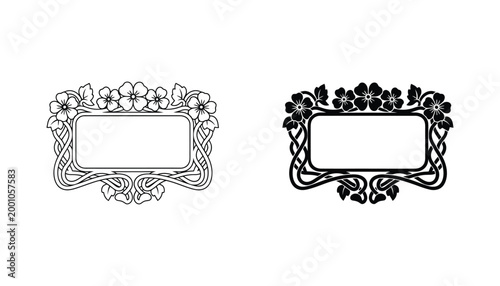 Floral rectangular frame vector illustration with elegant art nouveau style botanical borders and blooming flowers for wedding invitations and luxury stationery