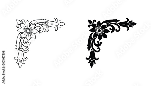 Floral corner flourish vector illustration with elegant blossoms and swirling vines for vintage style frame decorations and ornate graphic design