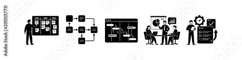 Set of black and white project management icons illustrating Kanban board, flowchart, Gantt chart, team meeting, and task completion. Professional business workflow vector illustrations.