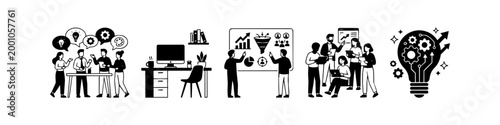 Set of five hand-drawn icons representing digital education, e-learning, online libraries, cloud research, and academic databases in a clean black and white doodle style.