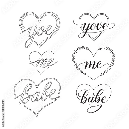 Heart outline lettering set, love you me babe calligraphy collection, romantic vector graphic.