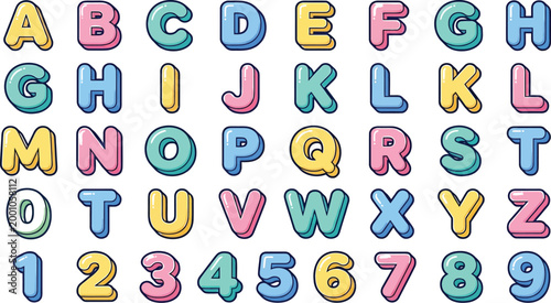 colorful cartoon alphabet letters and numbers on beige background