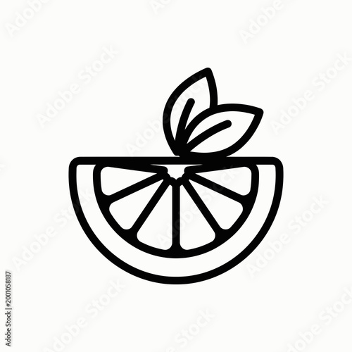 Simple lemon slice with green leaf icon isolated on white background