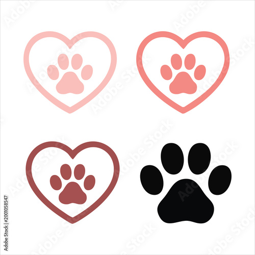 Collection hearts and paw prints symbolizing love for pets and animals on white background.