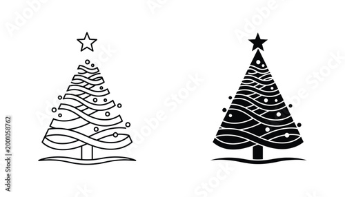 Abstract christmas tree icon set featuring linear and solid black shapes for holiday design projects
