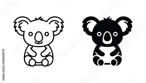 Cute koala bear icon set in linear and solid black style for wildlife and nature themes