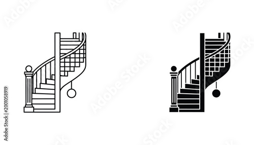 Elegant spiral staircase icon set in linear and solid black design for architectural concepts