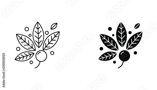 Botanical leaves and berry icon set in linear and solid black style for organic nature branding