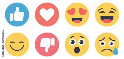 Set of emoji reaction icons including like, love, dislike, laugh, cry, sad, wow, and heart eyes symbols, representing social media engagement, user feedback, emotional reactions, and digital communica