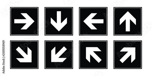 Collection of directional arrow signs in black squares.