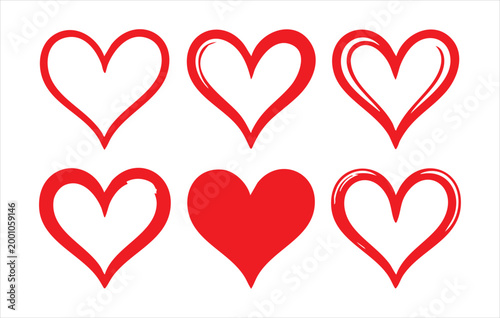 Collection of red heart icons with different outline styles and solid fill.