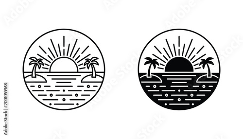 Tropical sunset beach badge icon set with palm trees in linear and solid black style