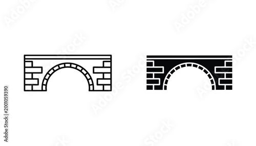 Stone bridge architecture icon set in linear and solid black style for infrastructure projects
