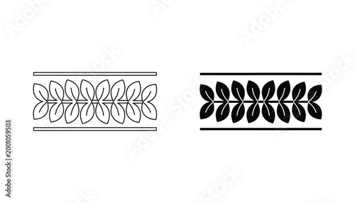 Decorative laurel wreath border icon set in linear and solid black style for framing designs