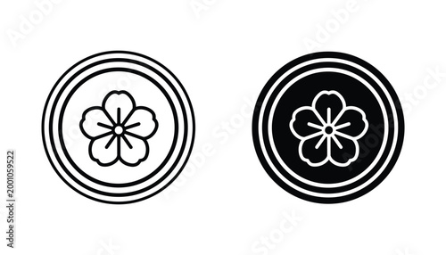 Japanese cherry blossom flower icon set in circular frame in linear and solid black style