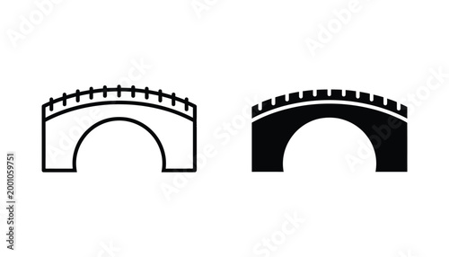 Classic arched stone bridge vector icon set in outline and solid black styles for landscape and travel design elements