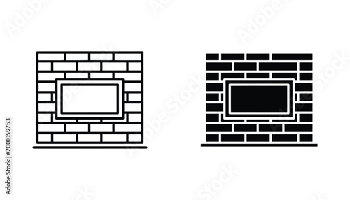 Modern fireplace with brick wall design in outline and solid black vector icons for interior architecture and home decor concepts