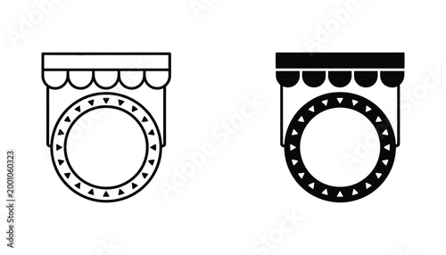 Store front circular sign with awning vector icon set in outline and solid black for retail and business branding