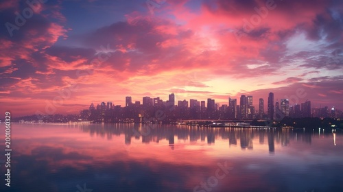 A photo of a modern cityscape under pink evening skies.