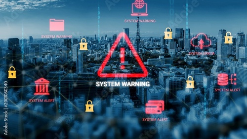 Fotografía System Warning Alert in Digital City Environment with Iconic Symbols Representing Cybersecurity Threats and Network Malfunctions Gluon