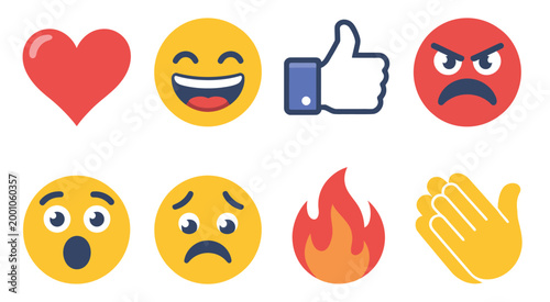 Social media reactions icon set including heart, laugh, thumbs up, angry, surprised, sad, fire, and clapping emoji symbols