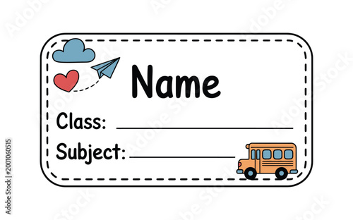 School name label sticker set, vector illustrations of kids notebook name tags and student identification labels for back to school stationery, classroom organization, and education branding design