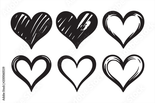 Elegant brush stroke heart outlines with glossy highlights for sophisticated romantic design pieces.