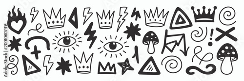 Collection of hand-drawn black and white doodle crowns, lightning bolts, eyes, mushrooms, and geometric shapes