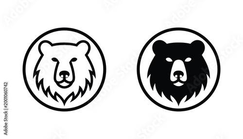Bear head silhouette in circular badge vector icon set in outline and solid black for wildlife and outdoor branding